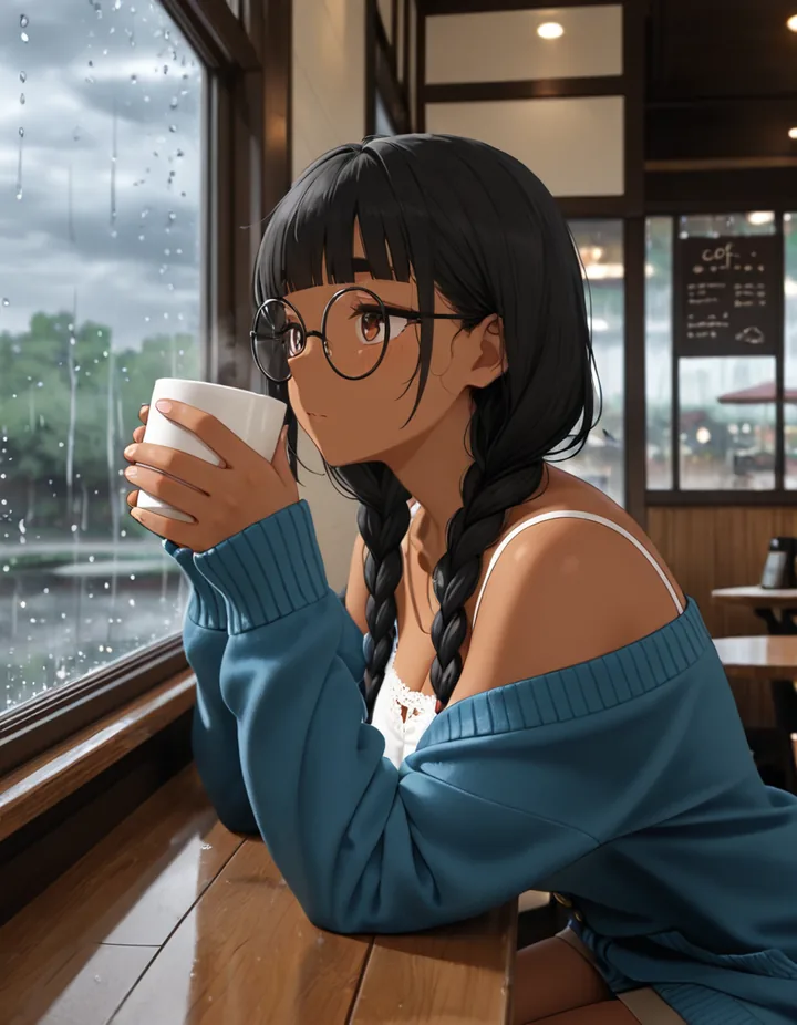 雨の窓辺の喫茶店でコーヒーカップを両手で持つ女性