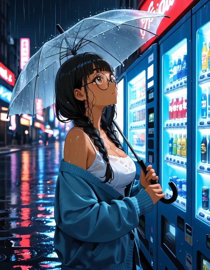 夜の路地で透明傘をさして雨を見上げる女性