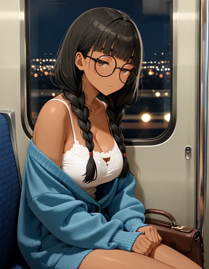 夜の電車の窓に頭をあずけて座る女性