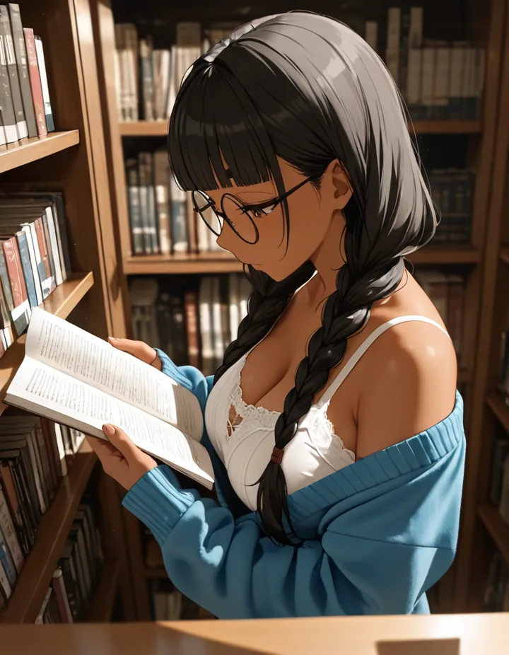 書店の棚のあいだで文庫本を読む女性